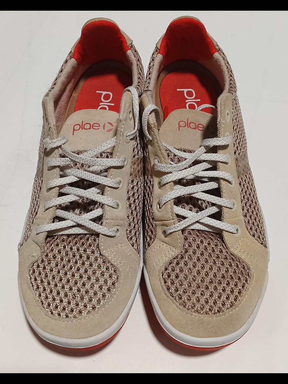 Plae Beige Women's Knit Lace-Up Sneakers with Orange Insole Size US 6.5
